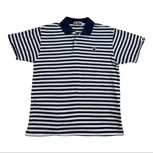 BAPE A Bathing Ape Navy & White Stripe Short Sleeve Polo Shirt Mens Size Medium